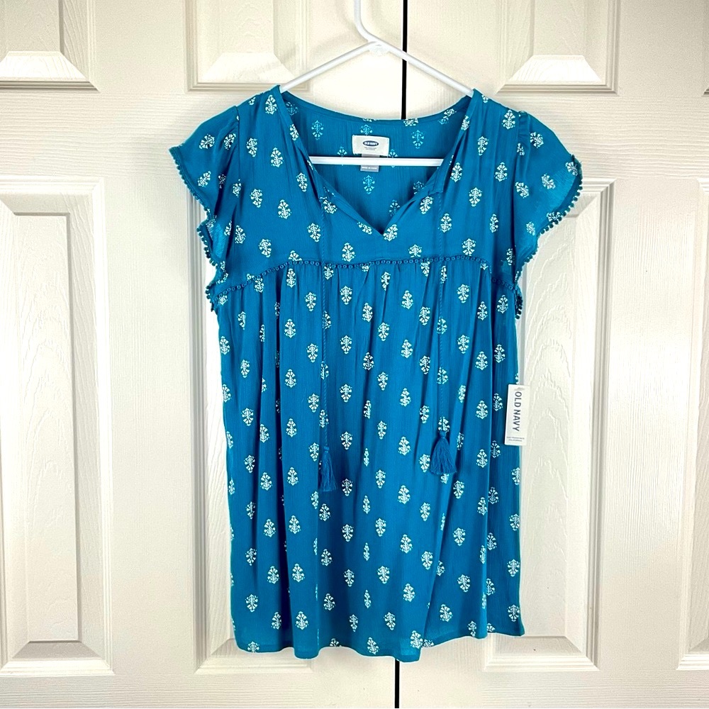 Old Navy BoHo Top, Size SP, Teal Blue, Lace, Tassels